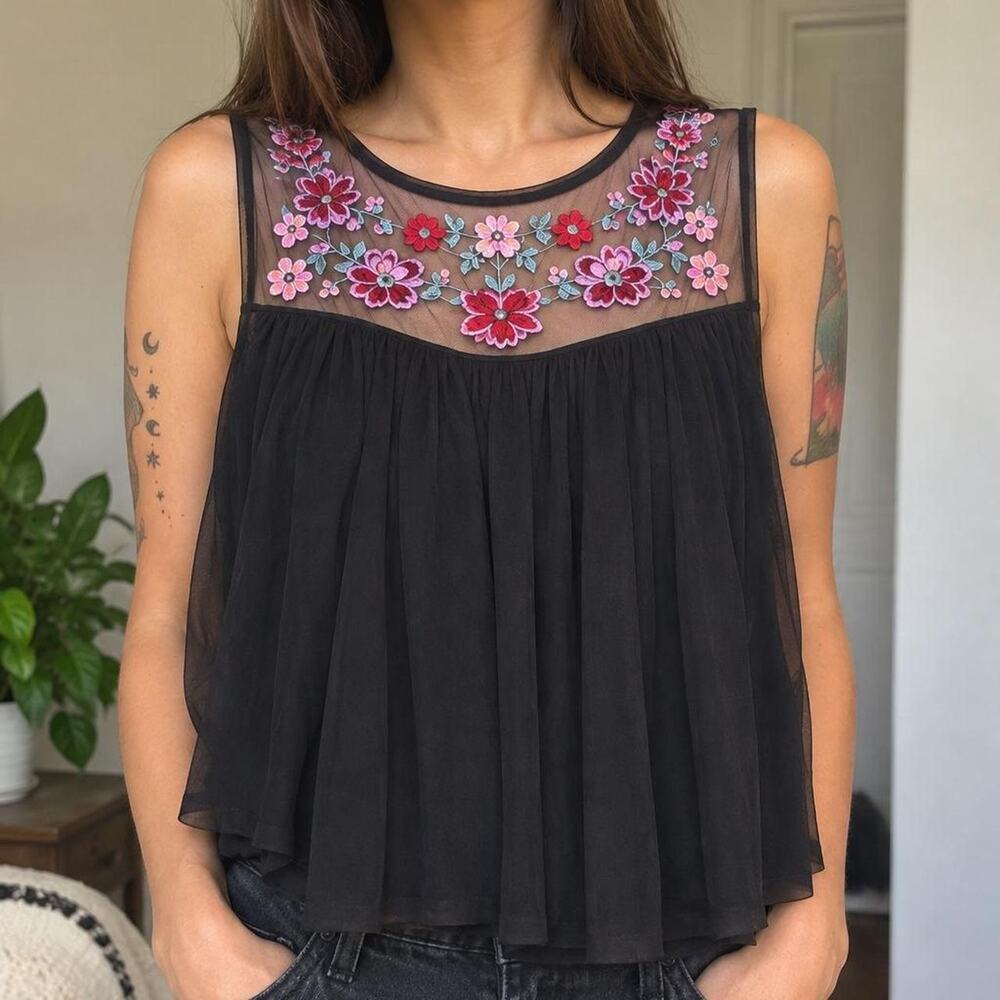 Hollister Black Floral Embroidered Mesh Babydoll Top S Y2K